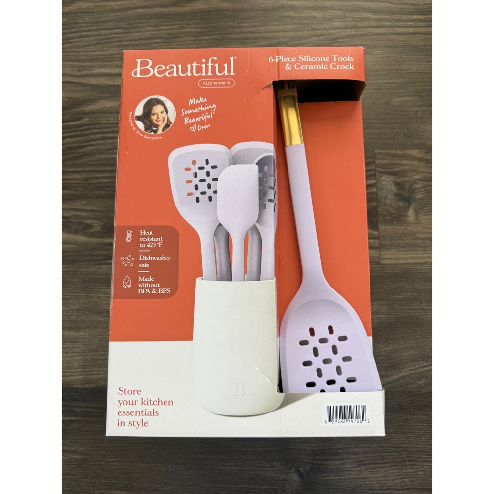 Beautiful Kitchenware 6-piece silicone kitchen utensil set with ceramic crock